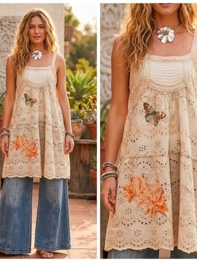 Boho Cream Eyelet Tunic with Butterfly & Floral Motif